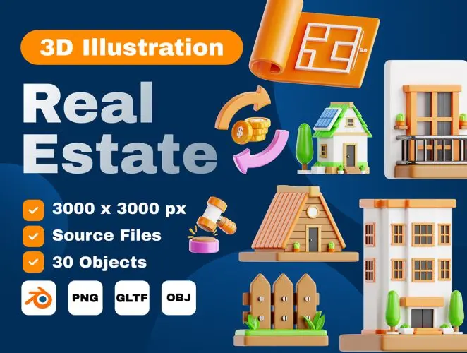 Real Estate 3D Icon Set  30款房地产房屋建筑营销演示3D图标icon设计素材webp免抠图片