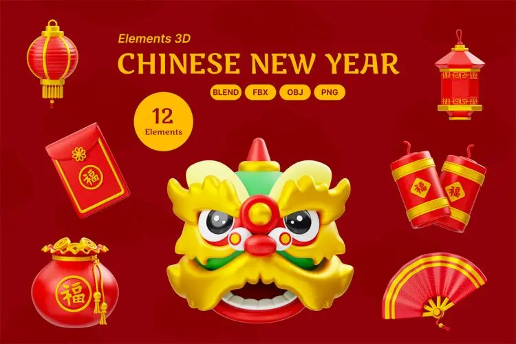 Chinese New Year Element 3D中国春节新年节日庆典装饰元素3D图标icon设计素材