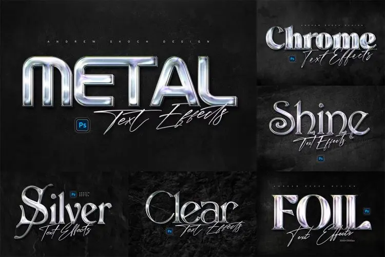 Chrome Text Effects 闪亮镀铬全息金属文本字母logo标题ps特效样机素材模板