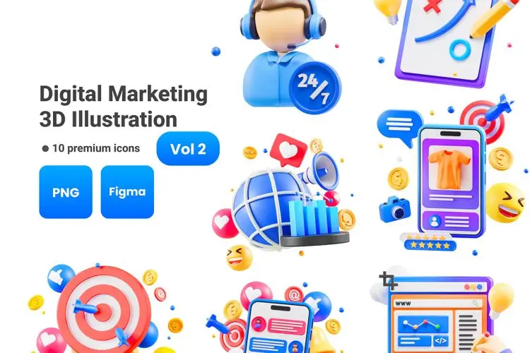 Digital Marketing 3D Illustration  20款数据分析信息图表市场推广营销演示插图插画webp免抠图片