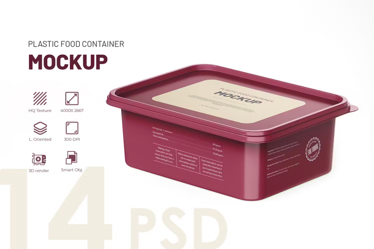 Plastic Food Container Box Mockup With Lid 带盖子的塑料食品容器餐盒饭盒模型品牌包装设计贴图ps样机素材