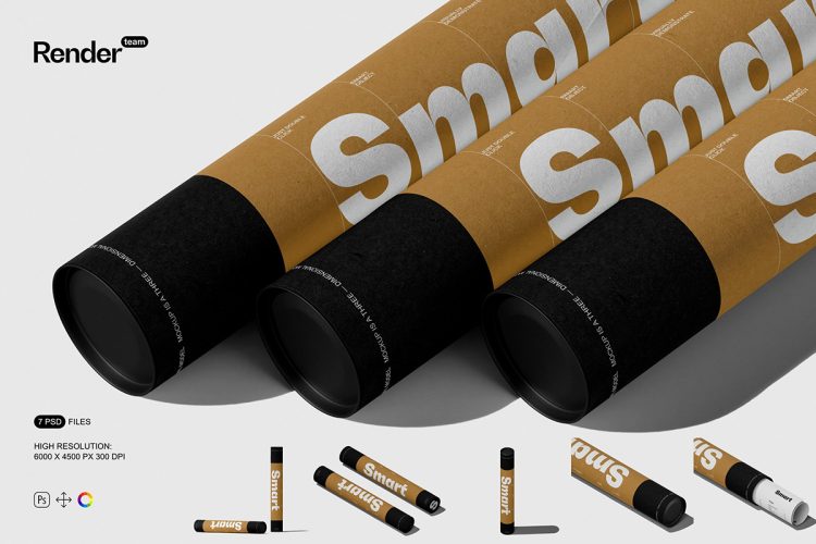 Paper Tube Mockup Set  6款牛皮纸筒海报筒圆形打包纸管包装设计ps样机素材展示效果图