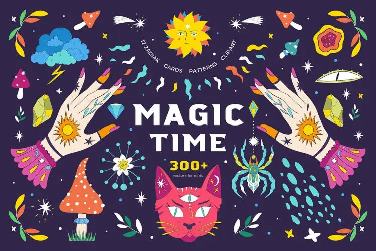 Magic Time 300+ Vector Elements 创意时尚手绘魔法神圣星座艺术插图插画图案卡片ai矢量设计素材