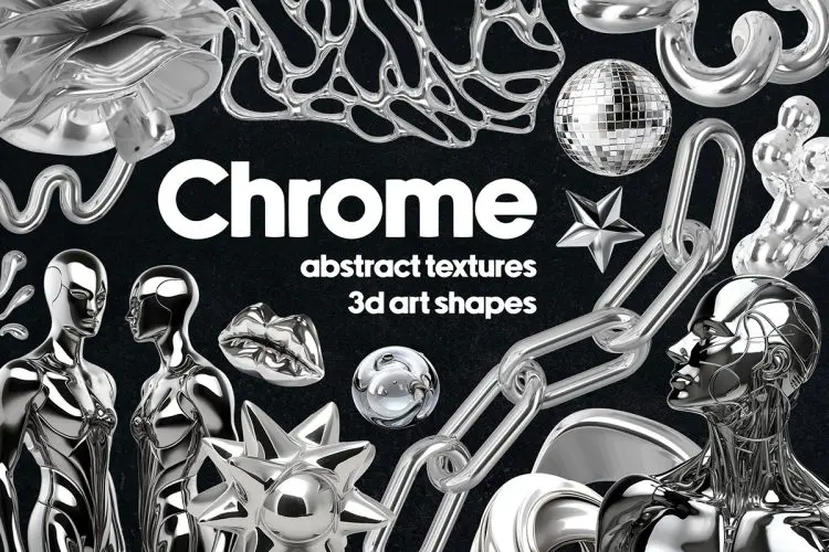 Chrome 3D Design Collection  200款潮流科幻未来液态机械金属镀铬抽象艺术webp免抠图片素材