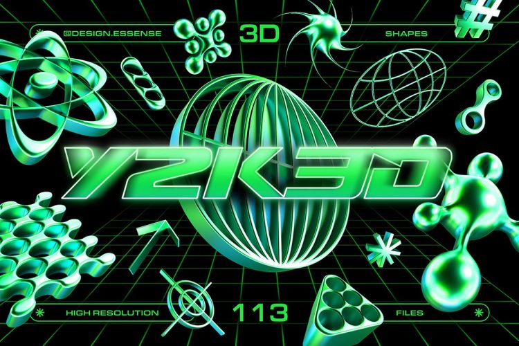 Y2K 3D Shapes Collection  113款绿色3D立体复古科幻Y2K抽象艺术几何图形png免抠图片素材
