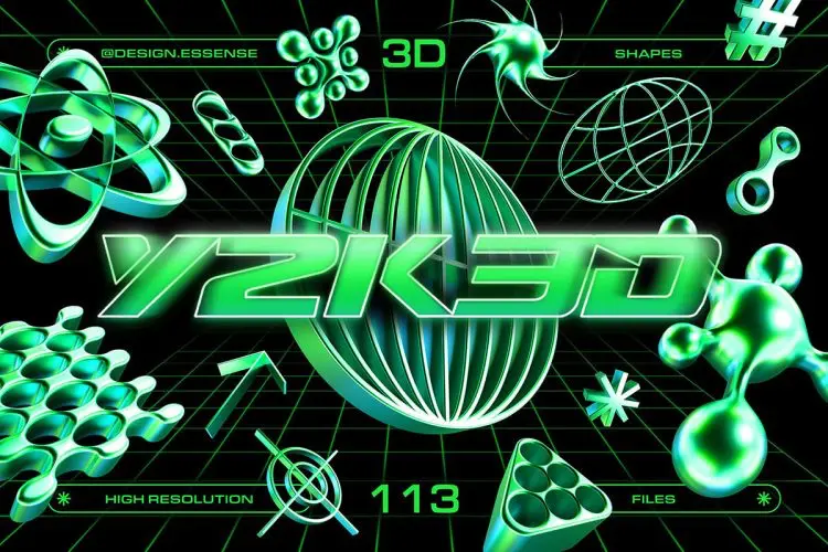 Y2K 3D Shapes Collection  113款绿色3D立体复古科幻Y2K抽象艺术几何图形webp免抠图片素材