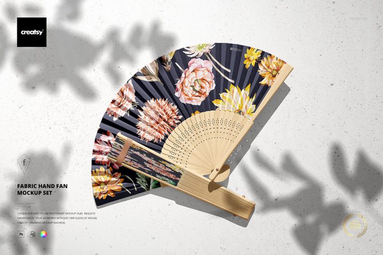 Fabric Hand Fan Mockup Set 传统中国风折扇子文创扇面印花贴图ps样机素材mockup展示效果模板