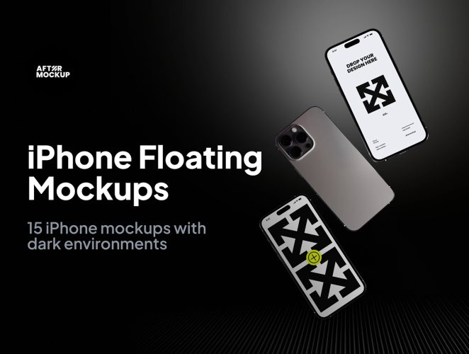 iPhone Floating Mockups  15款极简工业iPhone手机App应用ui界面设计ps样机素材展示效果图