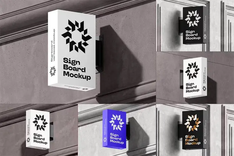 Signboard Vertical Mock-up  4款长方形灯箱广告牌店招导视标识设计贴图ps样机素材展示效果图