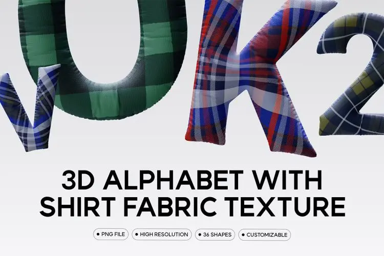 3D Alphabet with Shirt Fabric Texture  36款3D立体充气膨胀格纹织物面料英文字母数字webp免抠图片素材