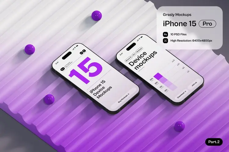 Grasly – iPhone 15 Mockups Part.2  10款苹果iPhone 15手机UI界面设计作品贴图ps样机素材展示效果图