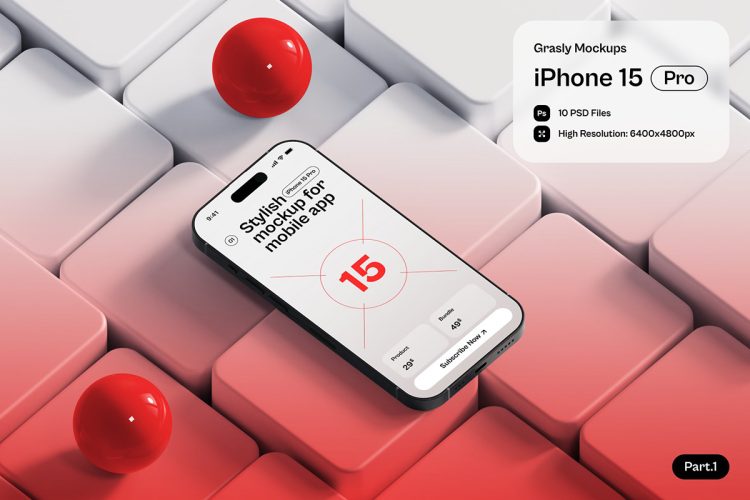 Grasly – iPhone 15 Mockups Part.1  10款iPhone 15手机app应用ui界面设计作品贴图ps样机展示效果图