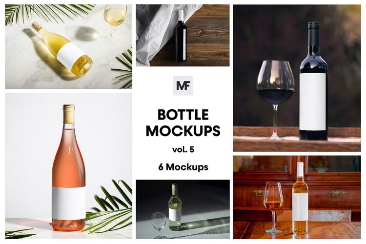 Bottle Mockups vol.5 桌子上的葡萄酒玻璃瓶模型瓶身包装设计贴图ps样机素材