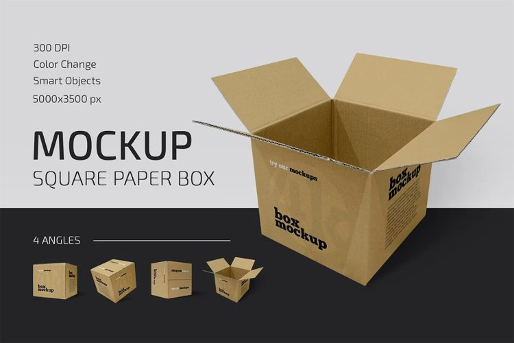 Square Paper Box Mockup Set 方形纸板箱快递运输打包盒模型品牌logo标识设计贴图ps样机素材