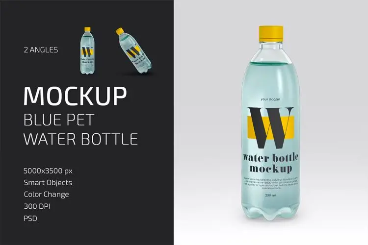 Blue PET Water Bottle Mockup Set 透明塑料矿泉水饮料瓶模型瓶身品牌包装设计贴图ps样机素材