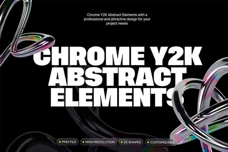 Chrome Y2K Abstract Elements  25款3D未来科幻Y2K金属镀铬圆环铁丝抽象装饰线条png免抠图片素材