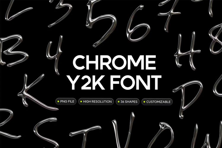 Chrome Y2K Font  36款潮流艺术未来科幻3D金属镀铬Y2K英文字母数字png免抠图片素材