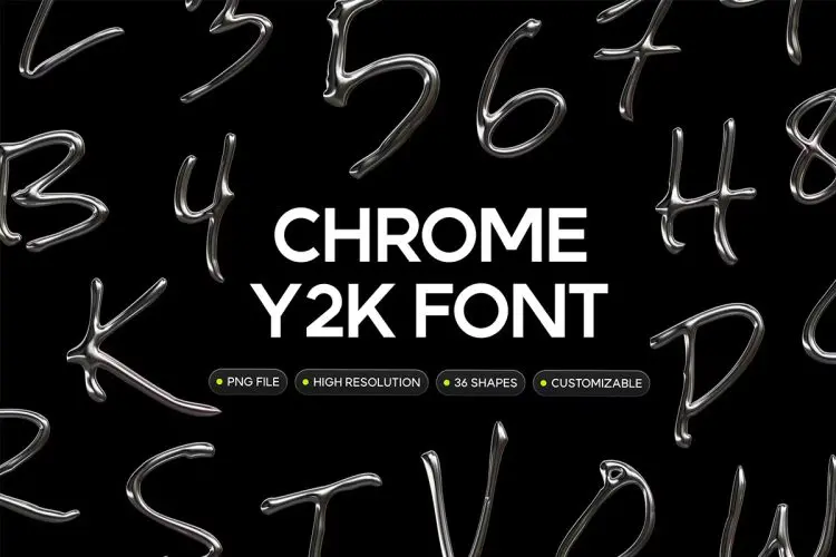 Chrome Y2K Font  36款潮流艺术未来科幻3D金属镀铬Y2K英文字母数字webp免抠图片素材