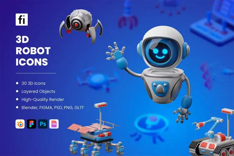 3D Robot Icons  30款3D卡通趣味未来科技人工智能机器人插图插画webp免抠图片素材