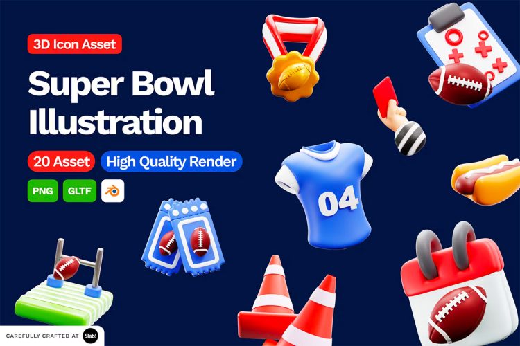 3D Super Bowl Illustration  20款卡通美国橄榄球超级碗赛事3D插图图标Icons设计素材包