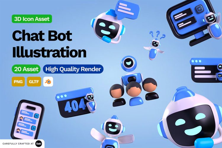 3D Chat Bot Illustration  20款卡通可爱未来科技AI人工智能聊天机器人图标3D插图设计素材