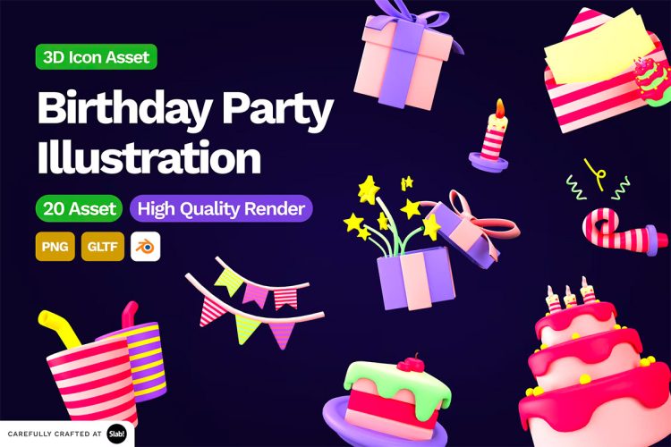 3D Birthday Party Illustration  20款卡通节日假日生日派对庆祝祝贺3D插图图标设计素材