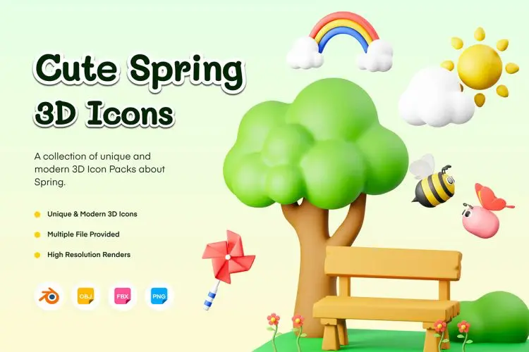 Spring 3D Illustration  15款高级卡通春天春季手绘插画插图3D图标Icons设计素材
