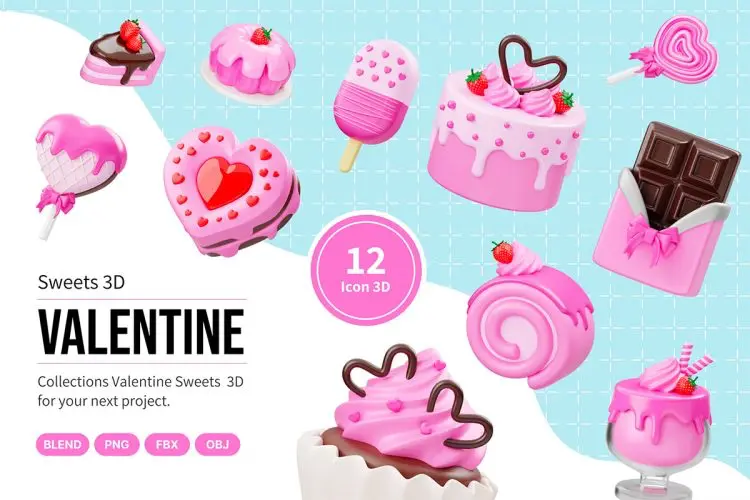 Valentine Sweet Food 3D Icon  12款高级情人节爱情爱心糕点3D插图图标Icons设计素材
