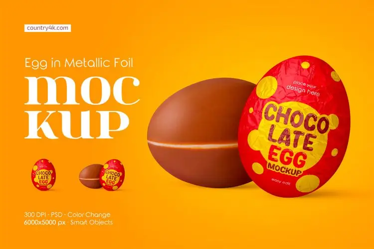 Egg in Metallic Foil Mockup Set 时尚巧克力奇趣蛋包装设计展示效果图PSD样机模板合集