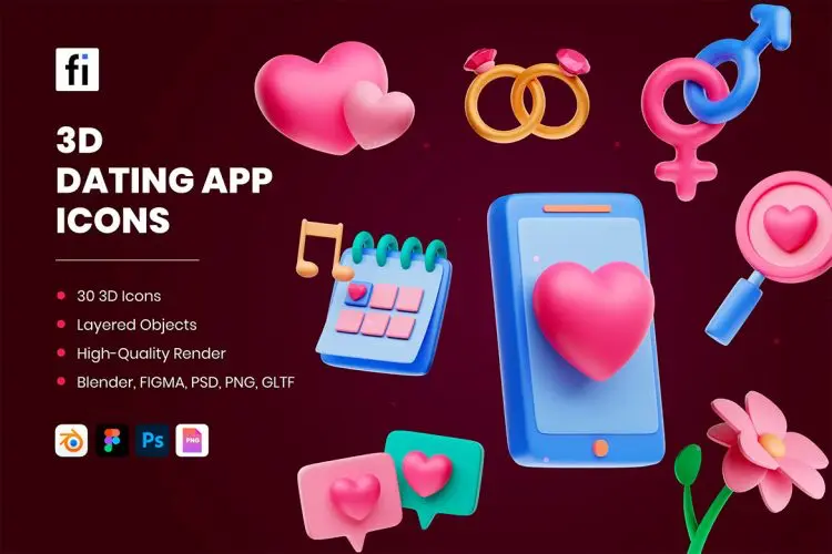 3D Dating App icons  30款3D情人节爱心情侣约会交友社交应用icon图标webp免抠图片素材