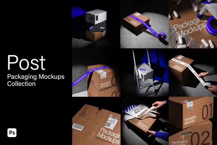 Post Packaging Mockups Kit  8款牛皮纸盒打包胶带快递物流包装盒纸箱ps样机素材展示效果图