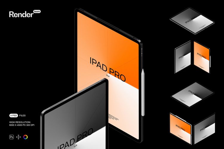 iPad Mockup Set  4款极简iPad平板电脑ui界面设计作品贴图ps样机等距展示效果图