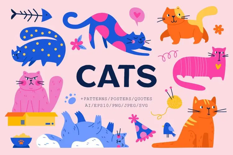 Cats Clipart + patterns 潮流趣味卡通喵星人宠物猫咪时尚手绘插图插画图案矢量设计素材