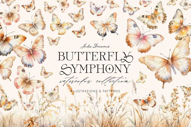 Butterfly Symphony Watercolor 优雅时尚手绘水彩自然蝴蝶插图插画图案设计webp免抠图片设计素材