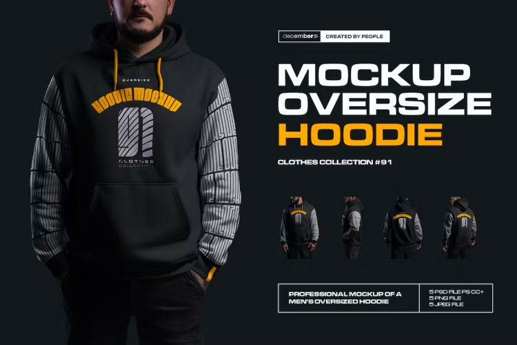 5 Mockups Oversize Hoodie  潮牌连帽卫衣服装设计ps样机素材男模特展示效果图