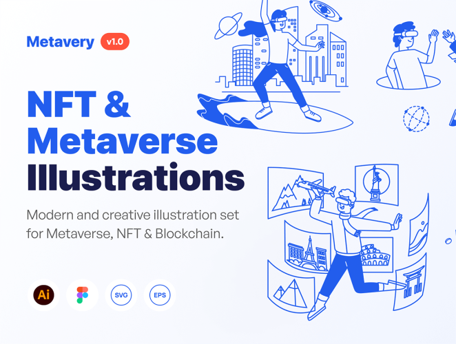 Metavery – Metaverse NFT & Blockchain Illustration Set  12幅科技未来VR虚拟现实技术产品发布会场景演示矢量插画图片国外设计素材