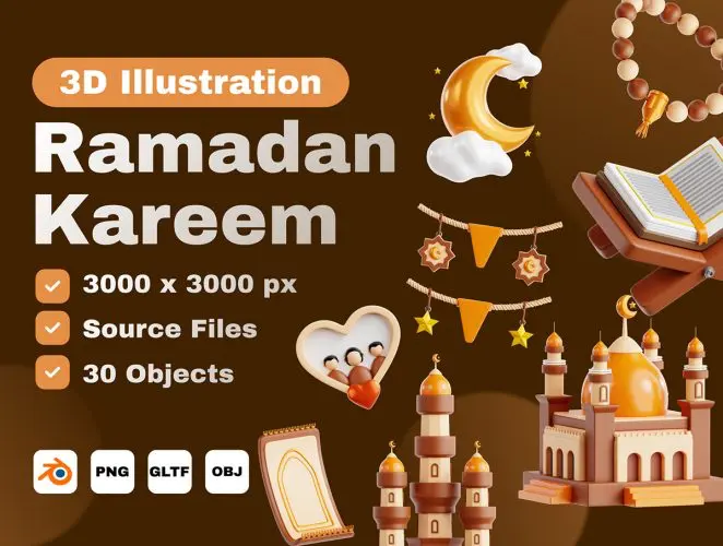 Ramadan Kareem 3D Icon Set  30款伊斯兰穆斯林斋月节APP界面设计3D插图图标Icons素材合集
