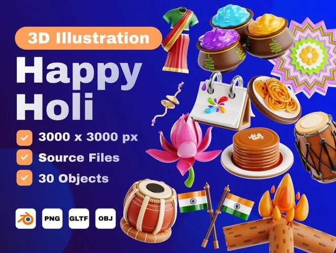Happy Holi 3D Icon Set  30款印度胡里节欢悦节服饰乐器3D图标icon设计素材webp免抠图片