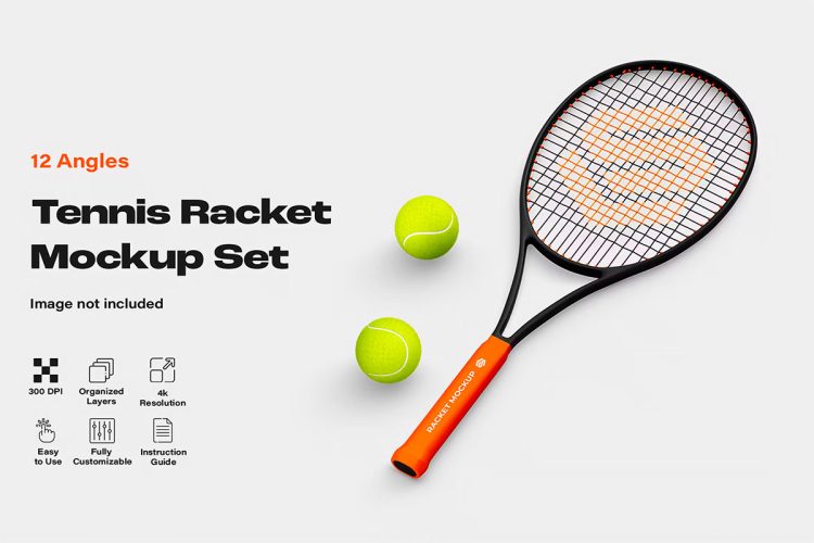 Tennis Racket Mockup Set  12款专业网球拍训练球拍线logo标识设计贴图ps样机素材展示效果图