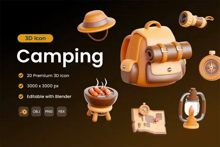 Camping 3D Icon Pack  20款出游旅行野营装备演示3D图标icon设计素材webp免抠图片