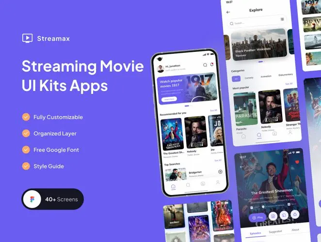 Streamax – Streaming Movie UI Kits Apps  40+屏电影流媒体app界面UI设计素材