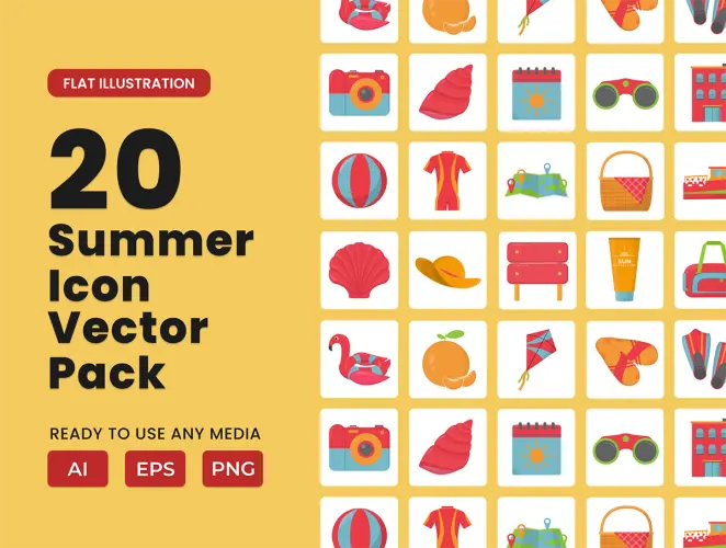 Summer 2D Icon Illustration Set Vol 3  20款卡通夏季暑期出游宣传元素2D图标icon素材webp免抠图文件