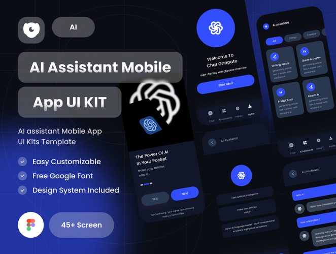 Ai Assistant Chatbot Mobile Apps UI Kit  45屏国外人工智能Ai对话ChatGPT聊天app用户界面设计ui套件模板