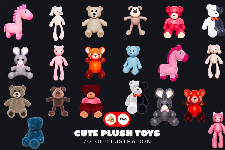 Cute Plush Toys 3D Pack  20款趣味可爱卡通动物毛绒玩具3D插图插画png免抠图设计素材