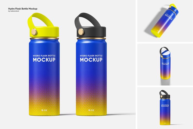 Aluminum Water Bottle Mockup 不锈钢金属保温瓶运动水壶模型瓶身包装设计贴图ps样机素材