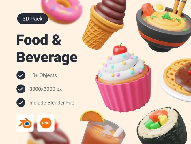 Food Beverage 3D Icon Pack 食物美食甜品主题插图3D立体图标icon设计素材