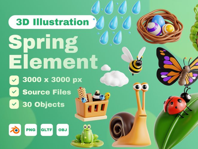 Spring Elements 3D Icon Set  30款趣味卡通春天春季元素3D图标icon设计素材png免抠图片