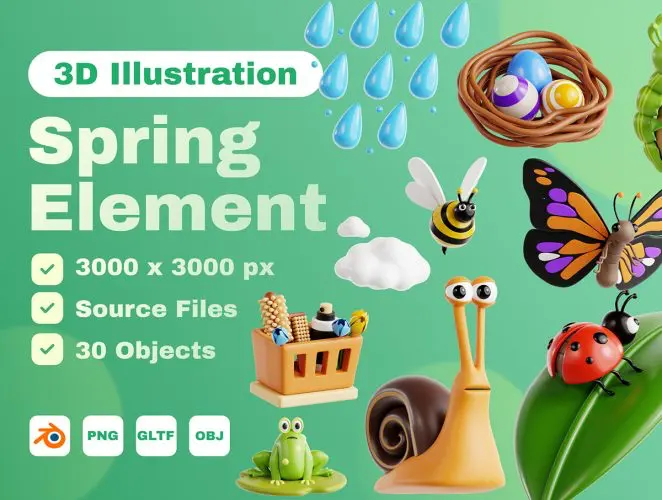 Spring Elements 3D Icon Set  30款趣味卡通春天春季元素3D图标icon设计素材webp免抠图片