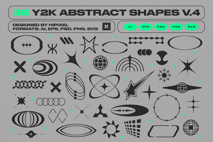 Y2K Abstract Retro Shapes V.4  38款Y2K抽象复古赛博朋克科幻未来几何图形矢量设计素材