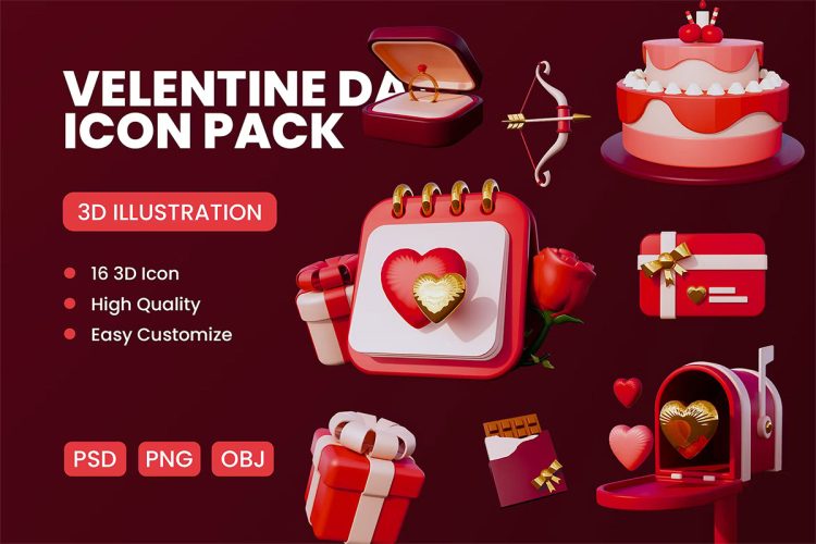 Happy Valentine Day 3D Icon  16款浪漫情人节日派对礼物装饰元素3D图标icon设计素材